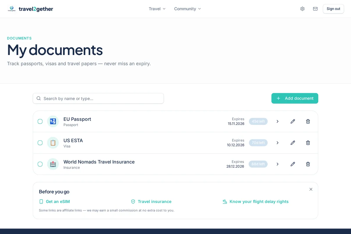 Your passport, ID, visa and insurance dates — with e-mail reminders.